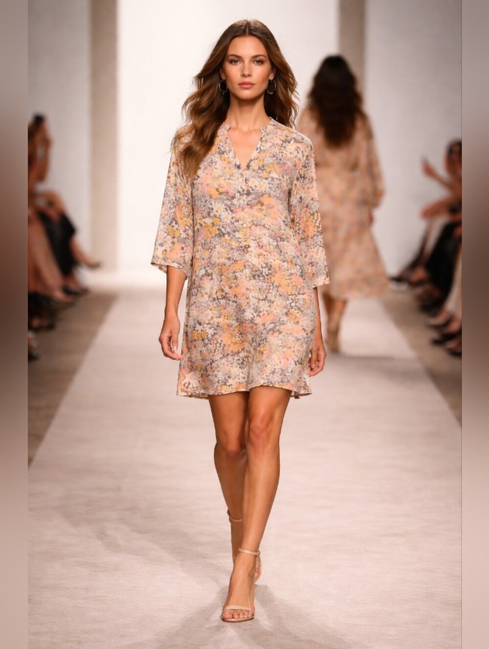 Floral Mini Dress in Peach, Yellow and Gray